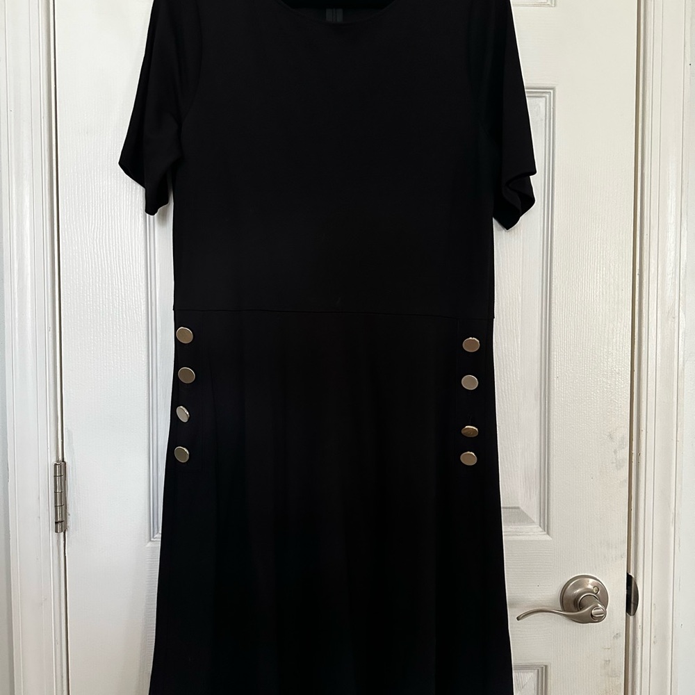 EUC Ann Taylor Black Midi Dress with Gold Button Details